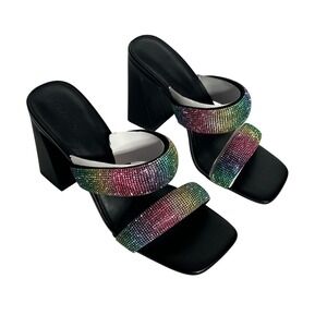 Open Edit Womens Black Rainbow Rhinestone Block Heel Slide Sandals Shoes Size 10